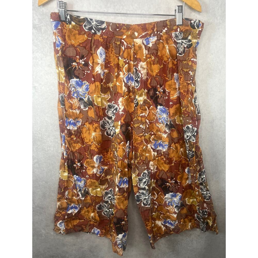 Vintage Floral Culotte Pants Brown Rayon Wide Leg Medium